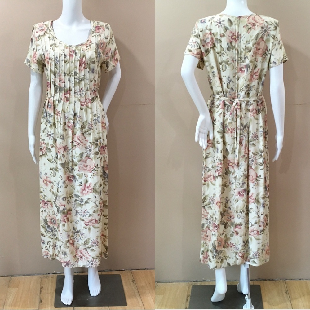 Vintage All That Jazz Women 10 floral Midi dress Linen Blend 80s 90s Cottage